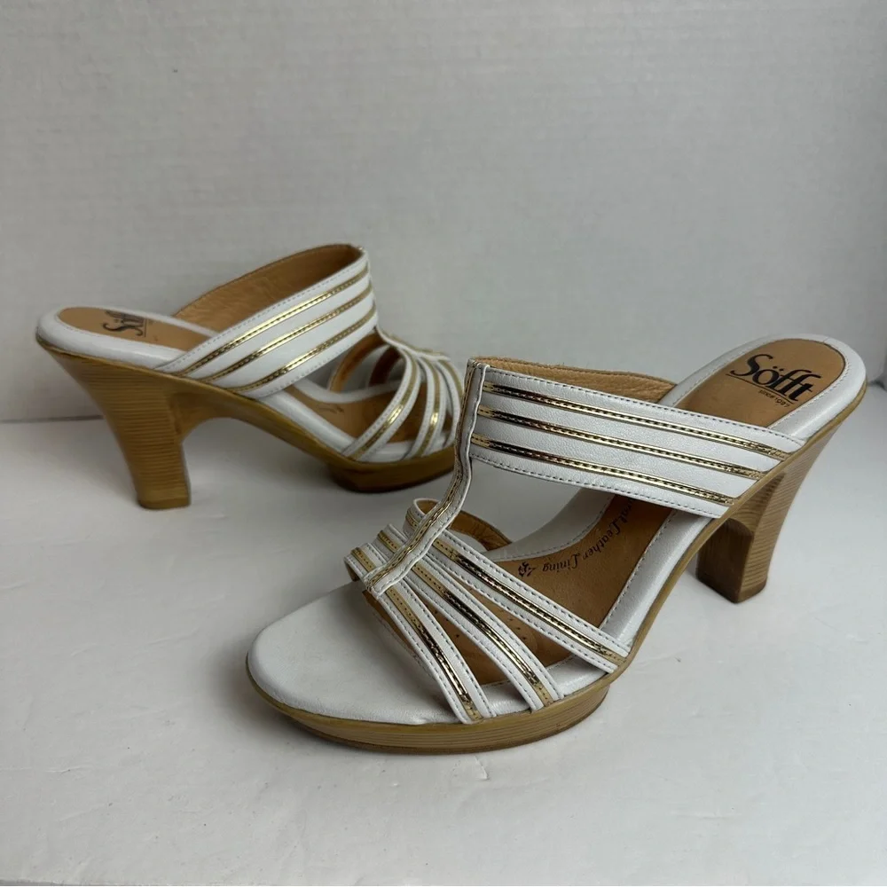 SOFFT White and Gold Leather Strappy Cut Out Heels Sandals Women’s Size 8 - Picture 2 of 14